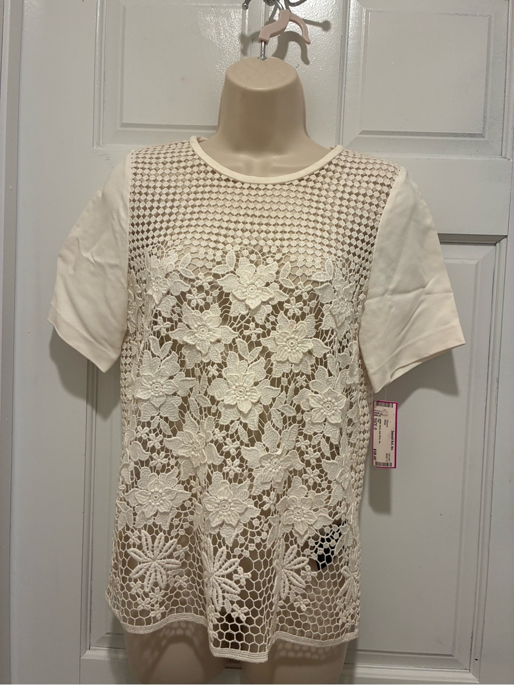 Tibi Cream Floral Crochet Lace see thru Short Sleeve Top